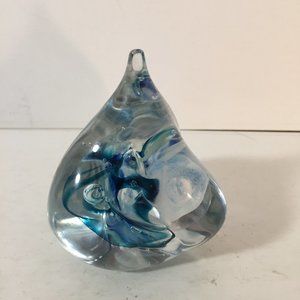 Glass paperweight teardrop with blue & white modern crafted art Signed Laurin